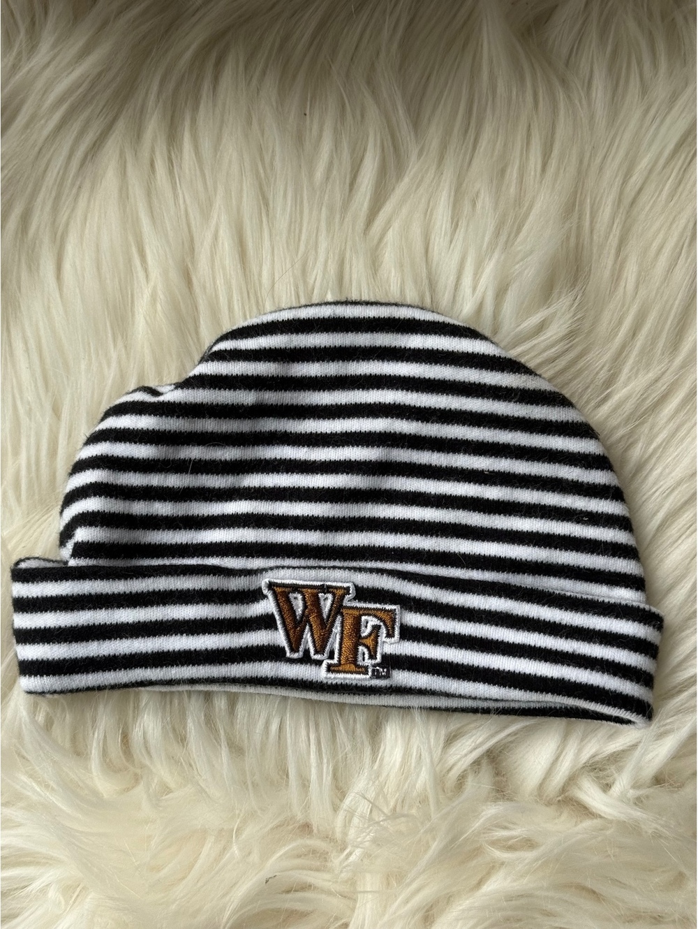 Wake Forest Striped Black and White Newborn Baby Beanie Hat with WF Logo